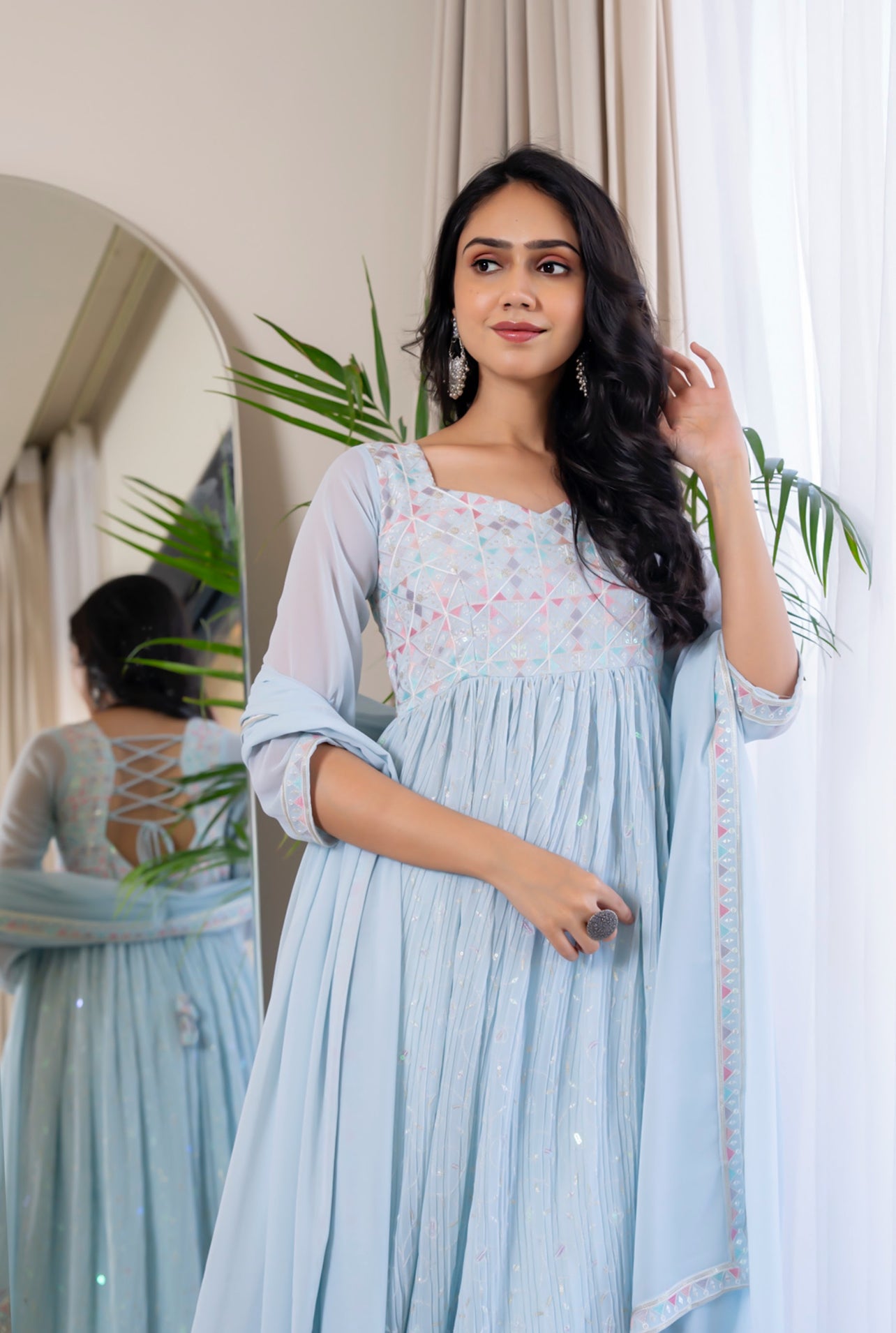 pastel anarkali dresses Mehendi Green Pastel Pakistani Style Peplum Anarkali Suit With Thread Work