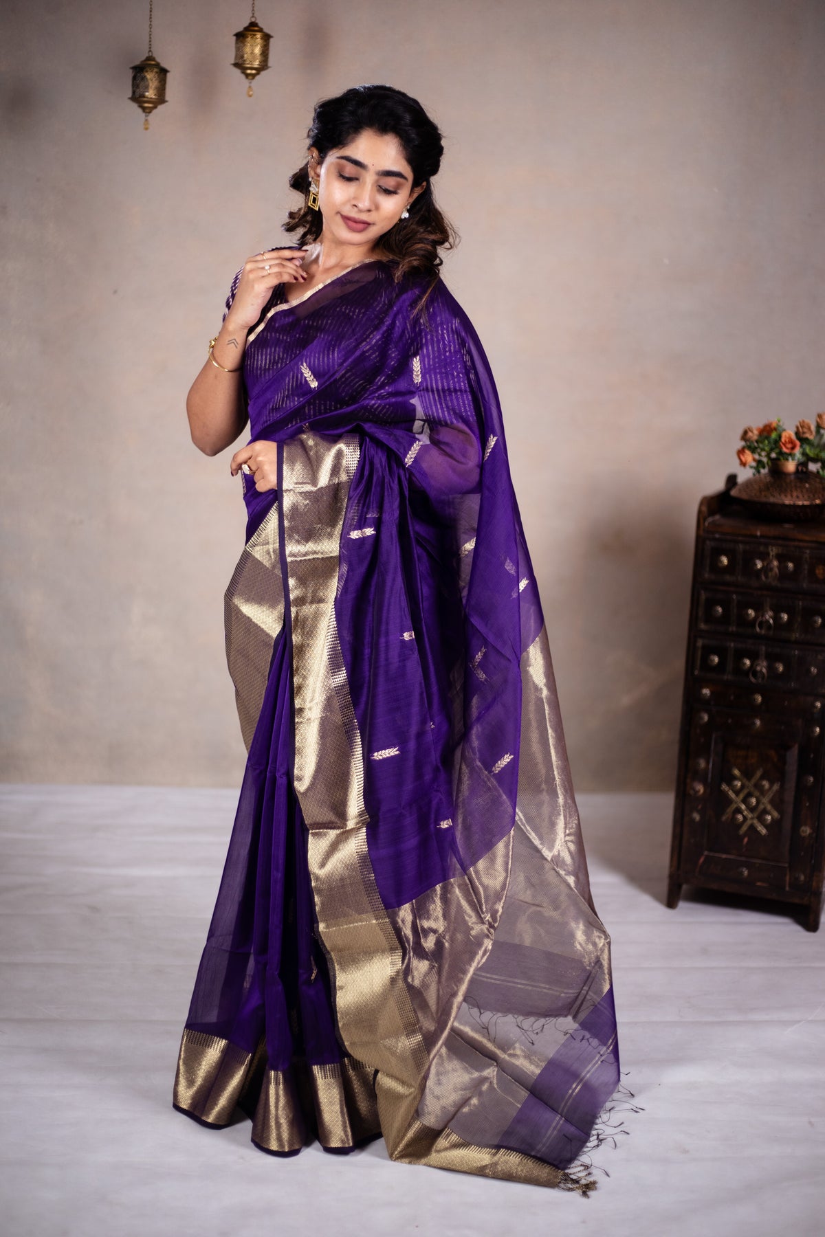 Reeva - Handwoven silk cotton saree - Dark Grape Purple + Gold