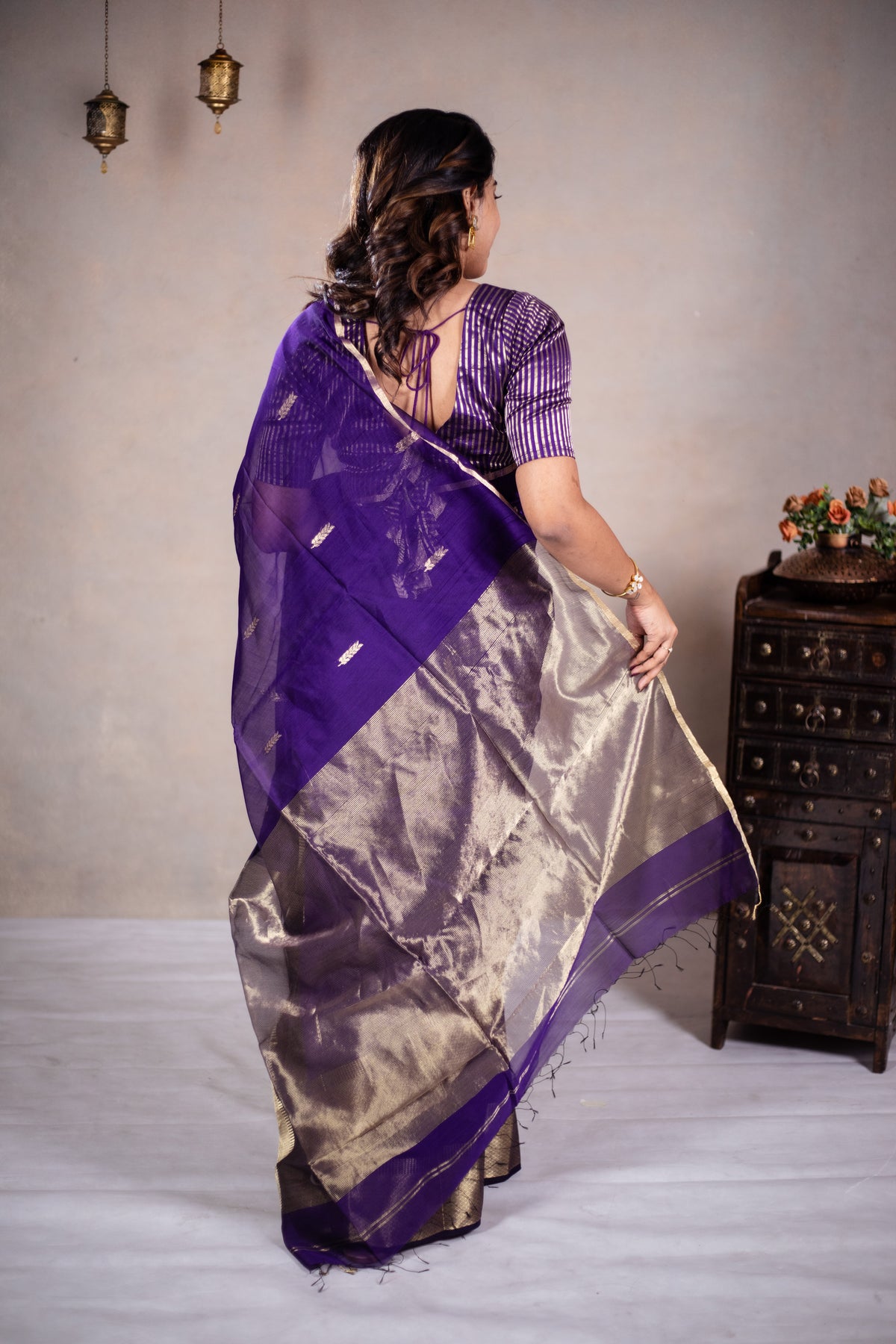 Reeva - Handwoven silk cotton saree - Dark Grape Purple + Gold