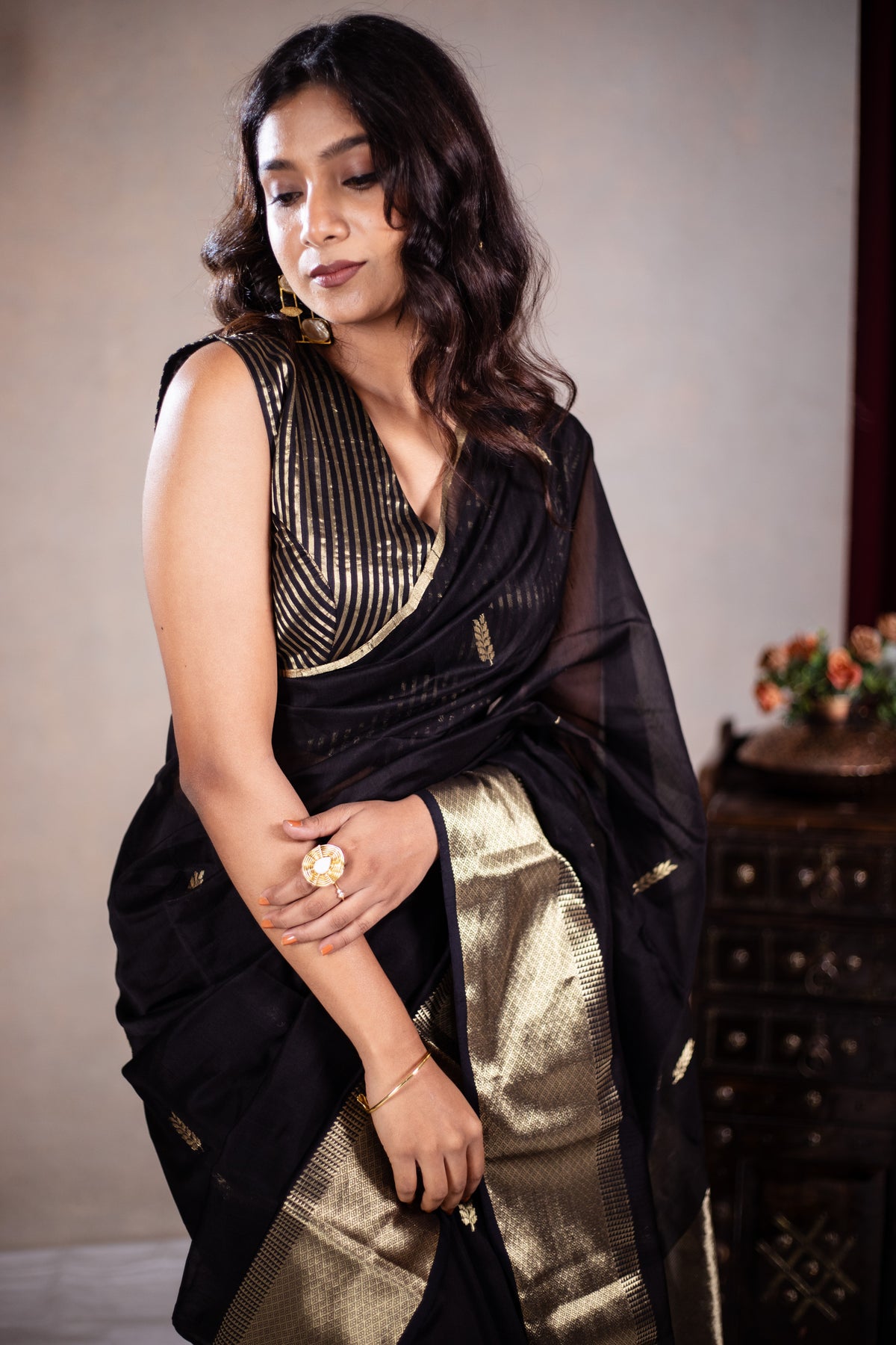 Reeva - Handwoven silk cotton saree - Black Pearl + Gold