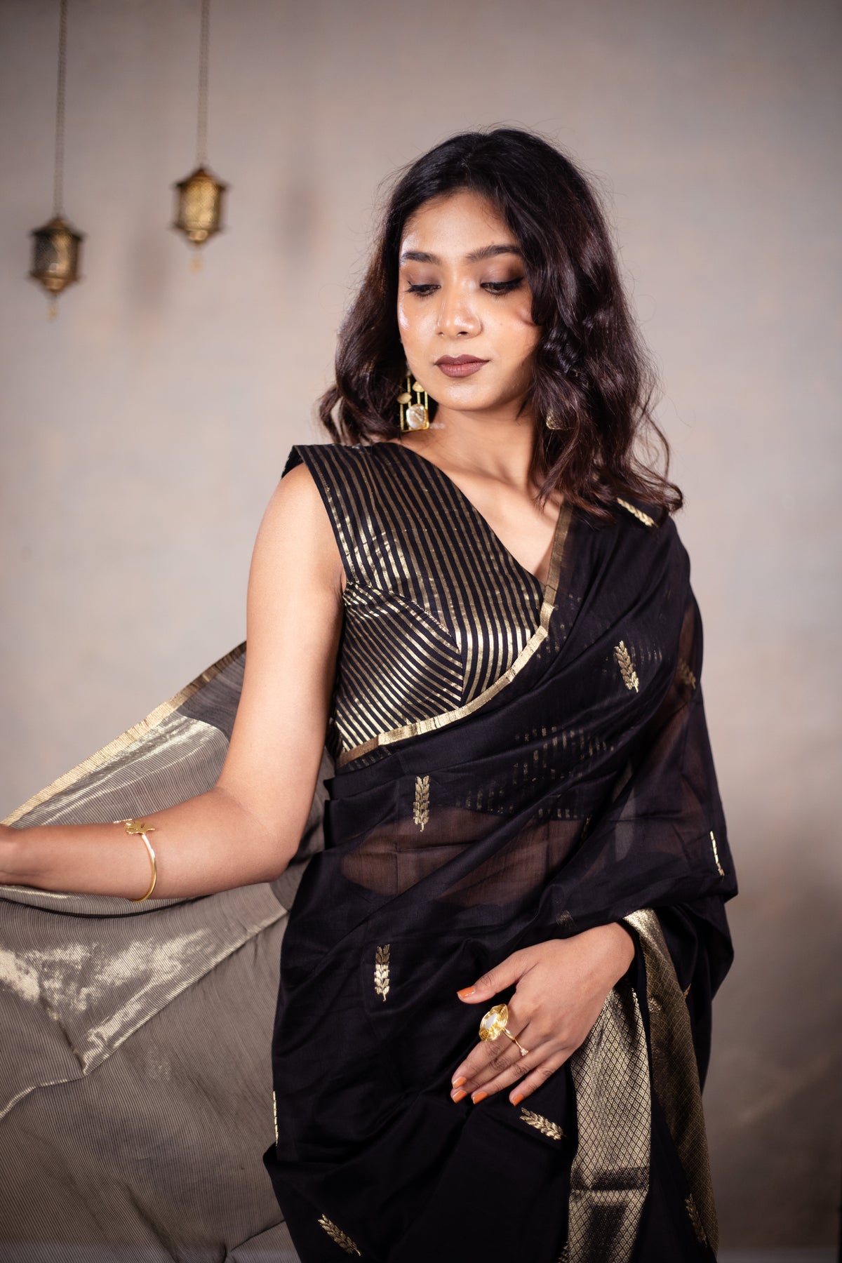 Reeva - Handwoven silk cotton saree - Black Pearl + Gold