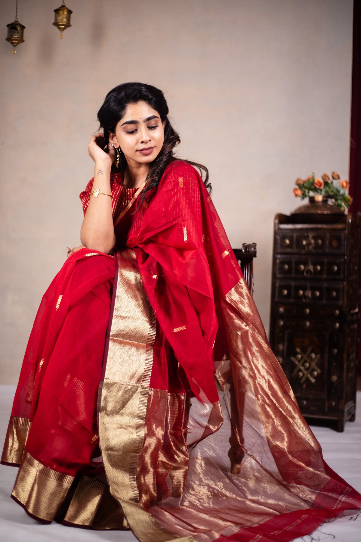 Reeva - Handwoven silk cotton saree -  Thunderbird Red + Gold