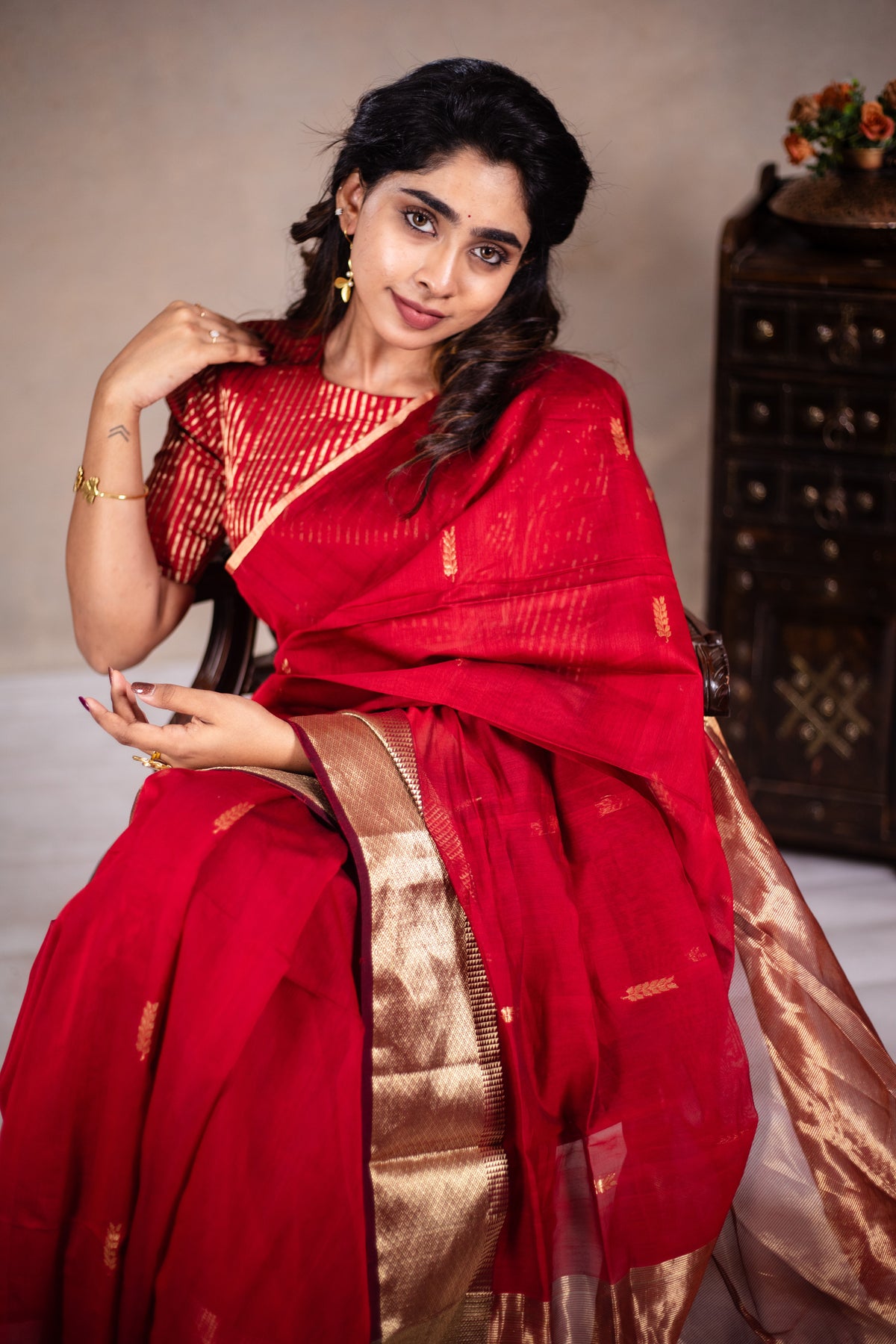 Reeva - Handwoven silk cotton saree -  Thunderbird Red + Gold