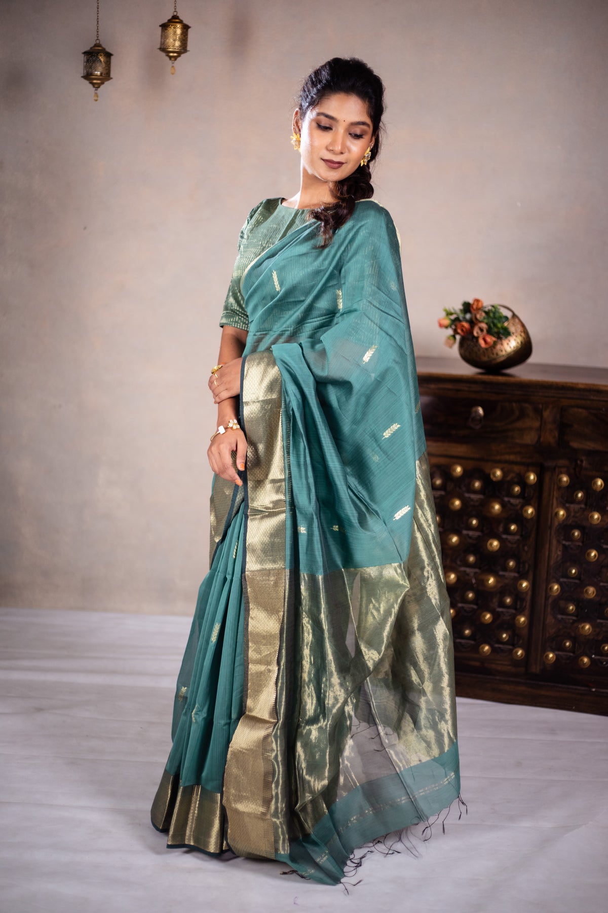 Leela - Handwoven silk cotton saree -  Smalt Blue Green + Gold
