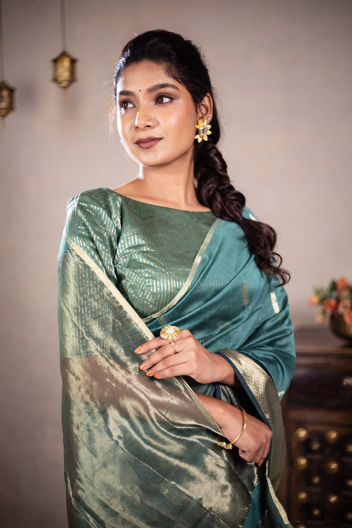 Leela - Handwoven silk cotton saree -  Smalt Blue Green + Gold