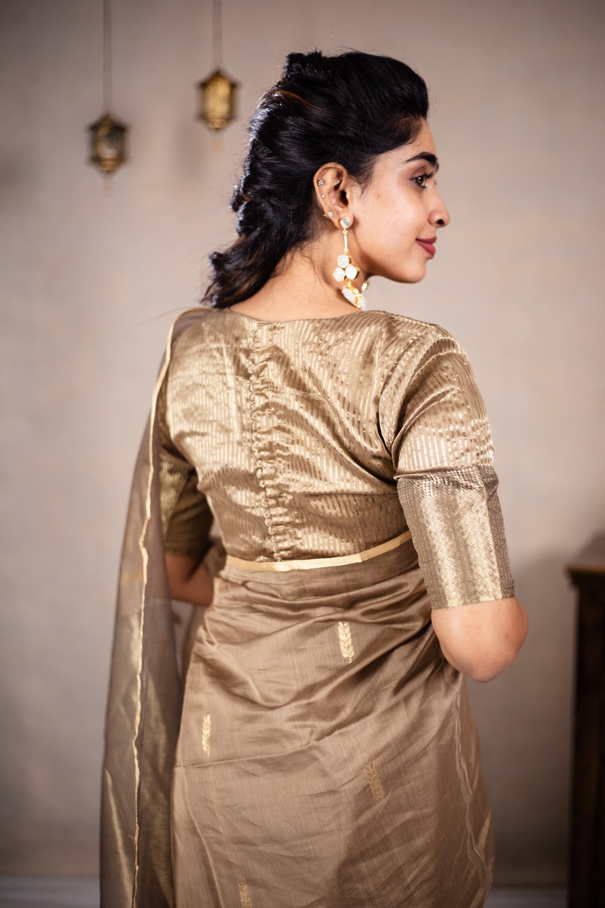 Leela - Handwoven silk cotton saree - Frosted Almond + Gold