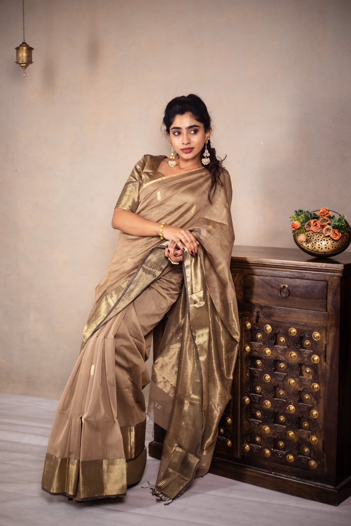 Leela - Handwoven silk cotton saree - Frosted Almond + Gold
