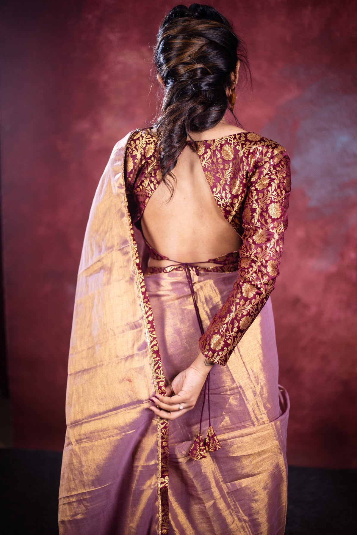 Varni Handwoven Tissue Saree - Shimmery Gold + Wine