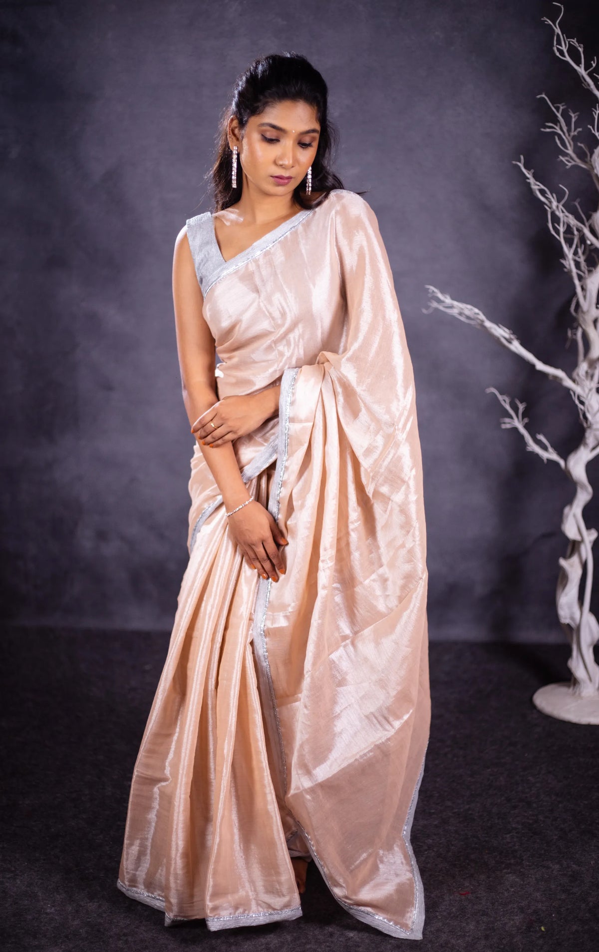 Madhi Handwoven Tissue Saree - Light Peach + Silver