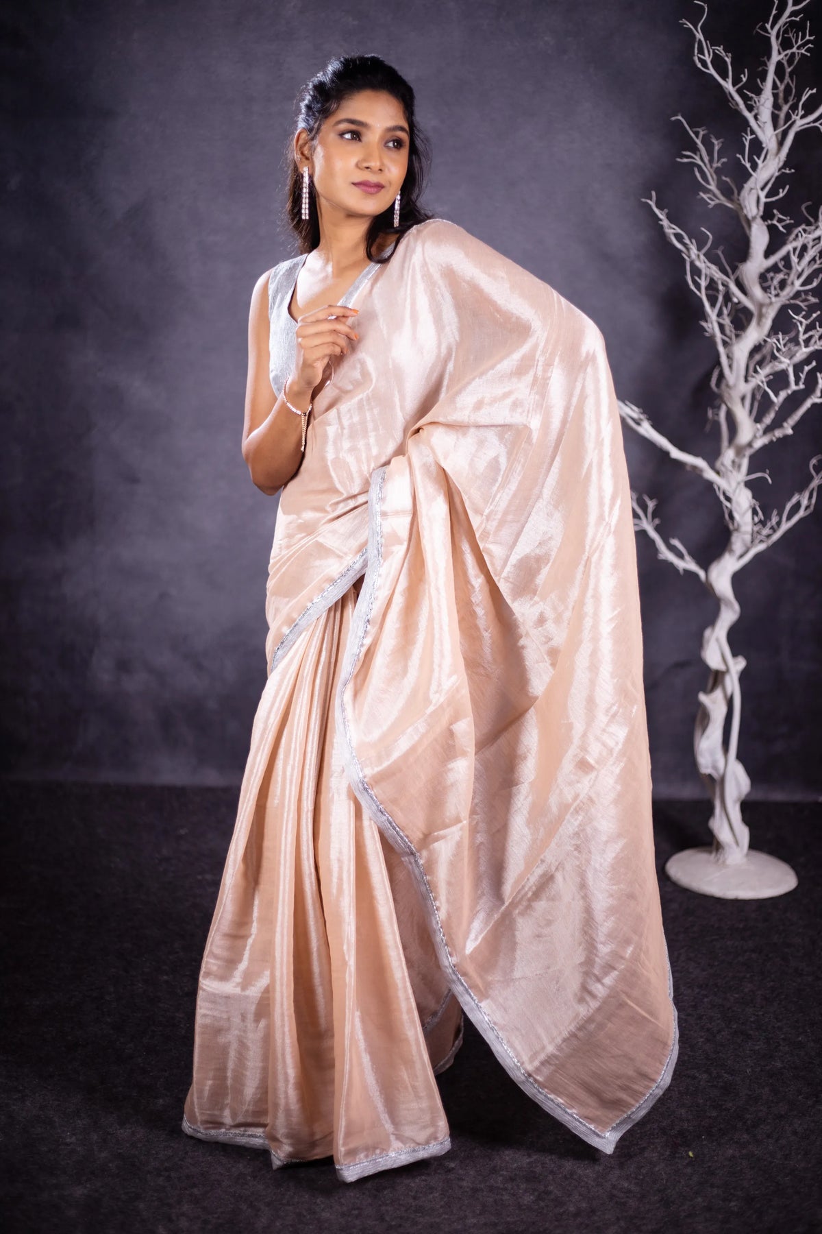 Madhi Handwoven Tissue Saree - Light Peach + Silver