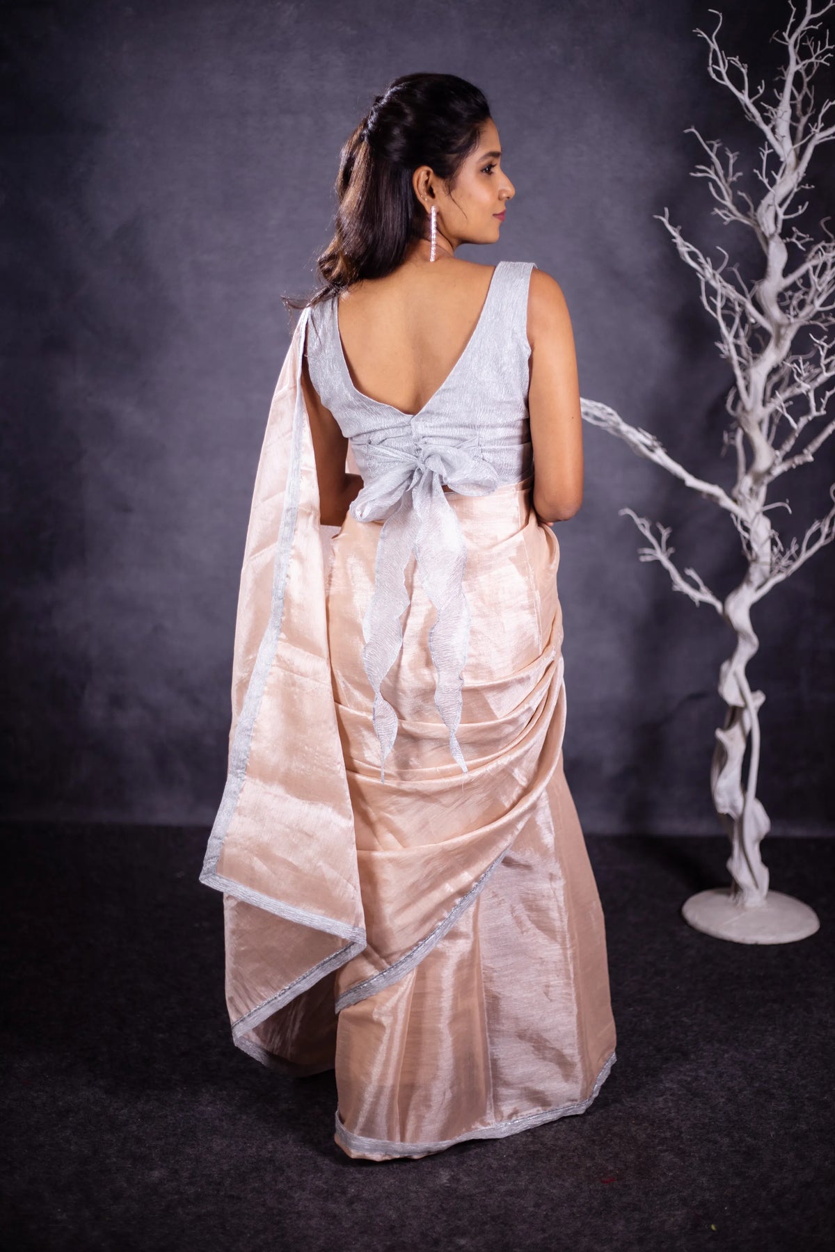 Madhi Handwoven Tissue Saree - Light Peach + Silver