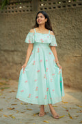 SKY BLUE CHECKS OFF SHOULDER MIDI