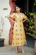 YELLOW CHECKS FLORAL PRINT MIDI