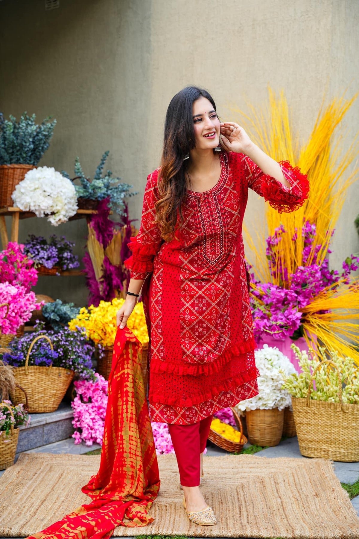 RED ROSE RAYON STRAIGHT SUIT