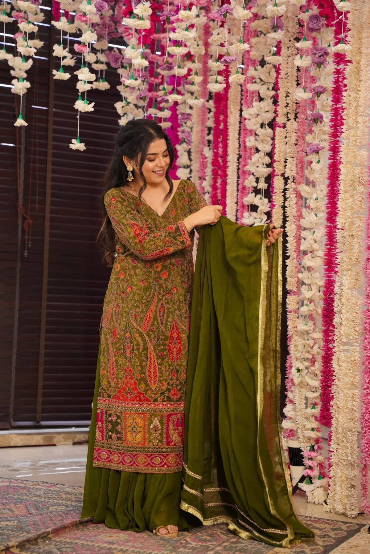 Sleek green heavy embroidered suit set