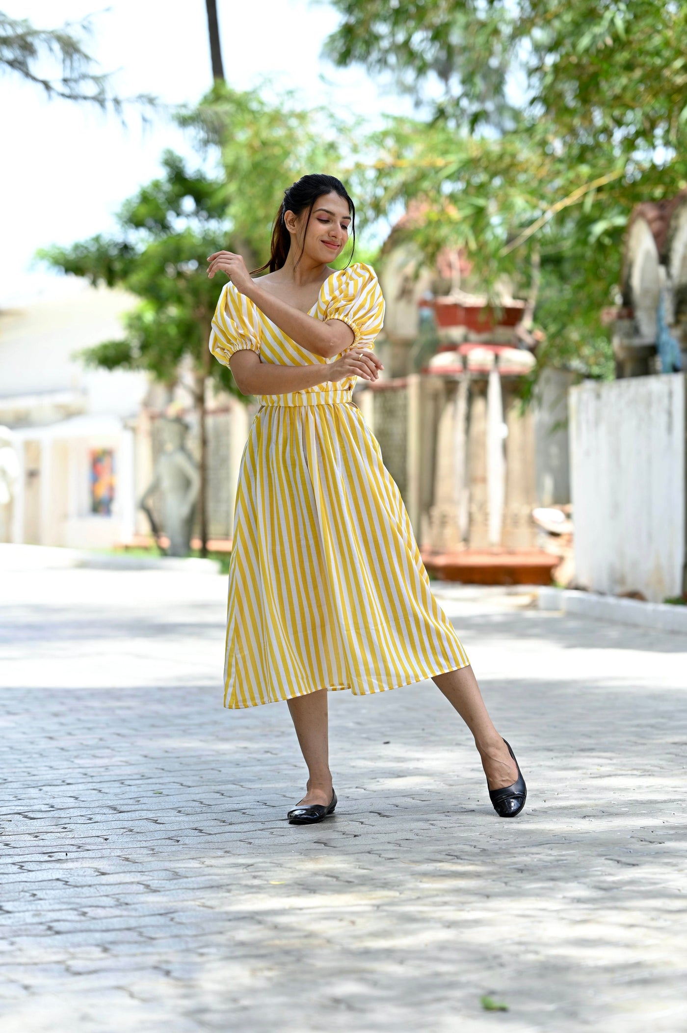 Lara Yellow Stripe Cut Out Dress – Radheys Lara Yellow Stripe Cut Out Dress – Radheys
