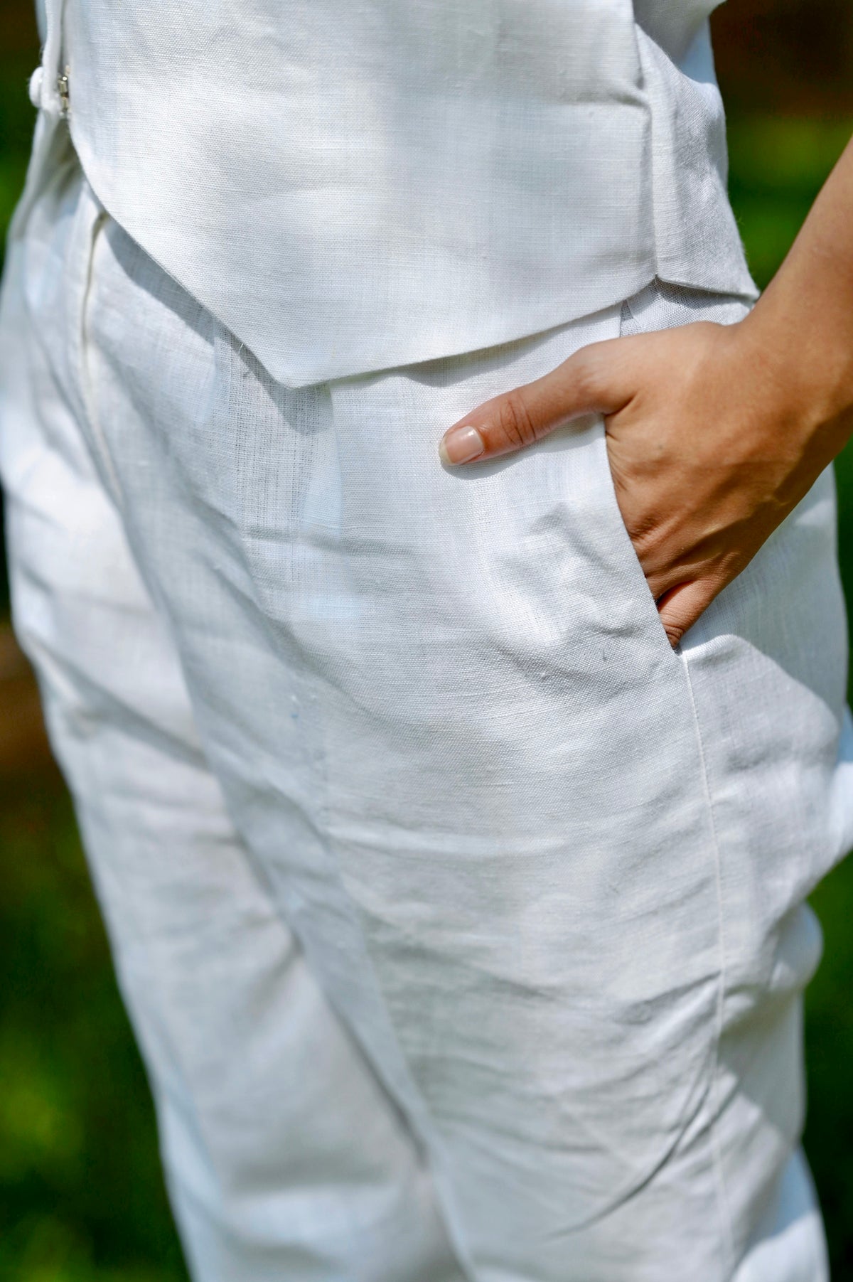 White Linen Blend Waistcoat Suit Set