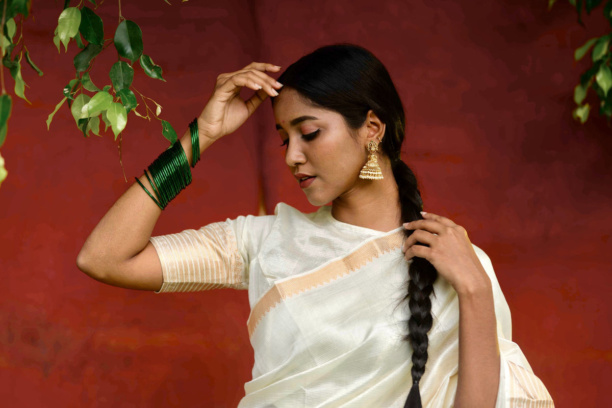 Handwoven silk cotton saree - Ivory + Gold