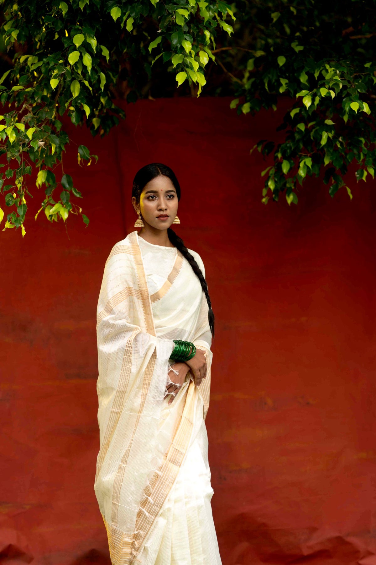 Handwoven silk cotton saree - Ivory + Gold