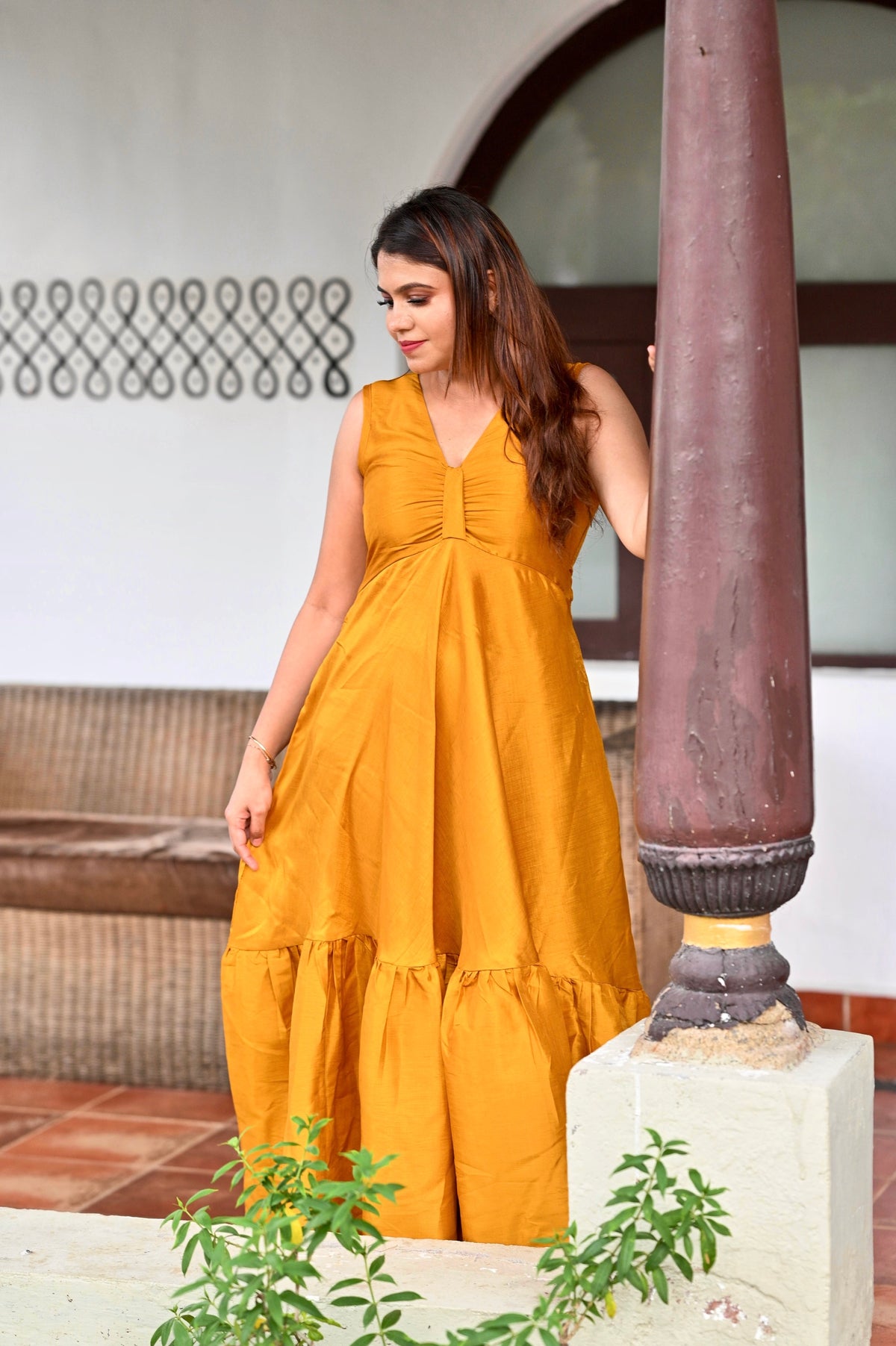 Mustard V-Neck Fit and Flare Dress