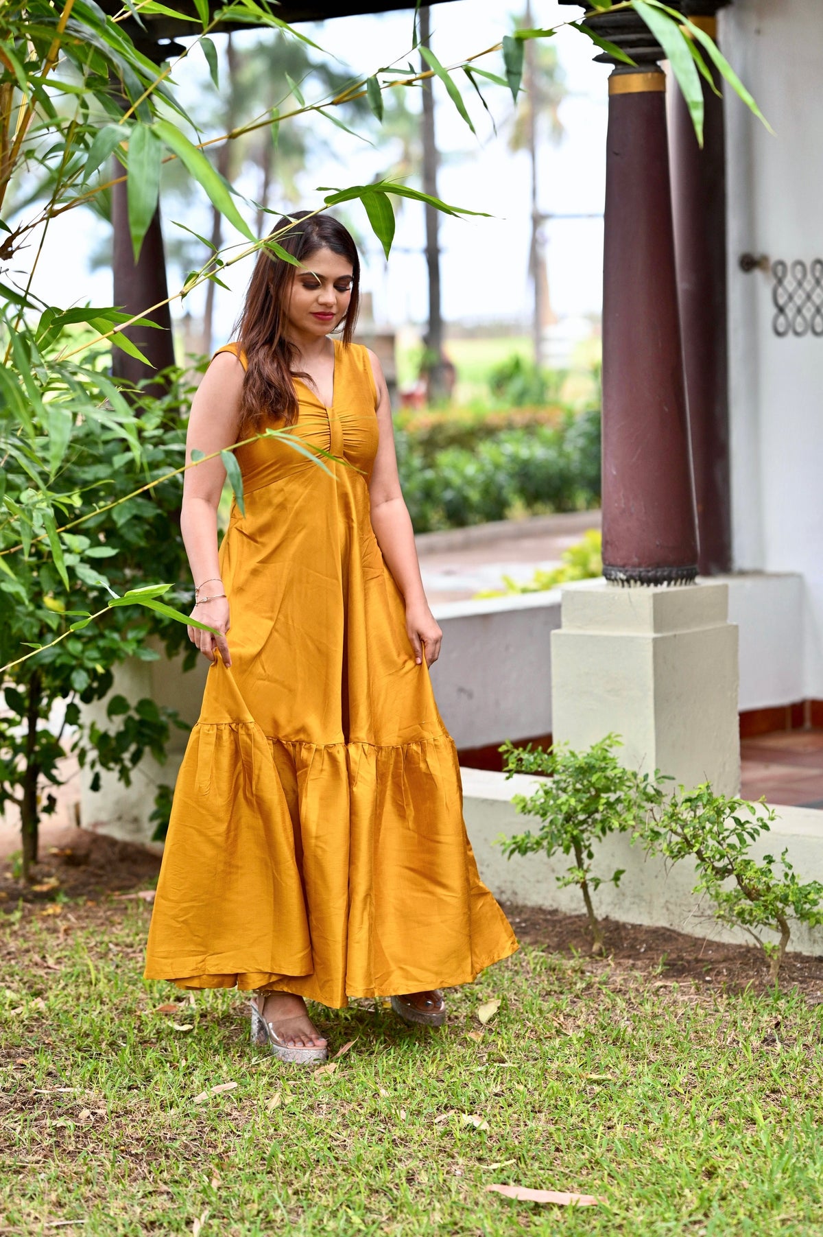 Mustard V-Neck Fit and Flare Dress