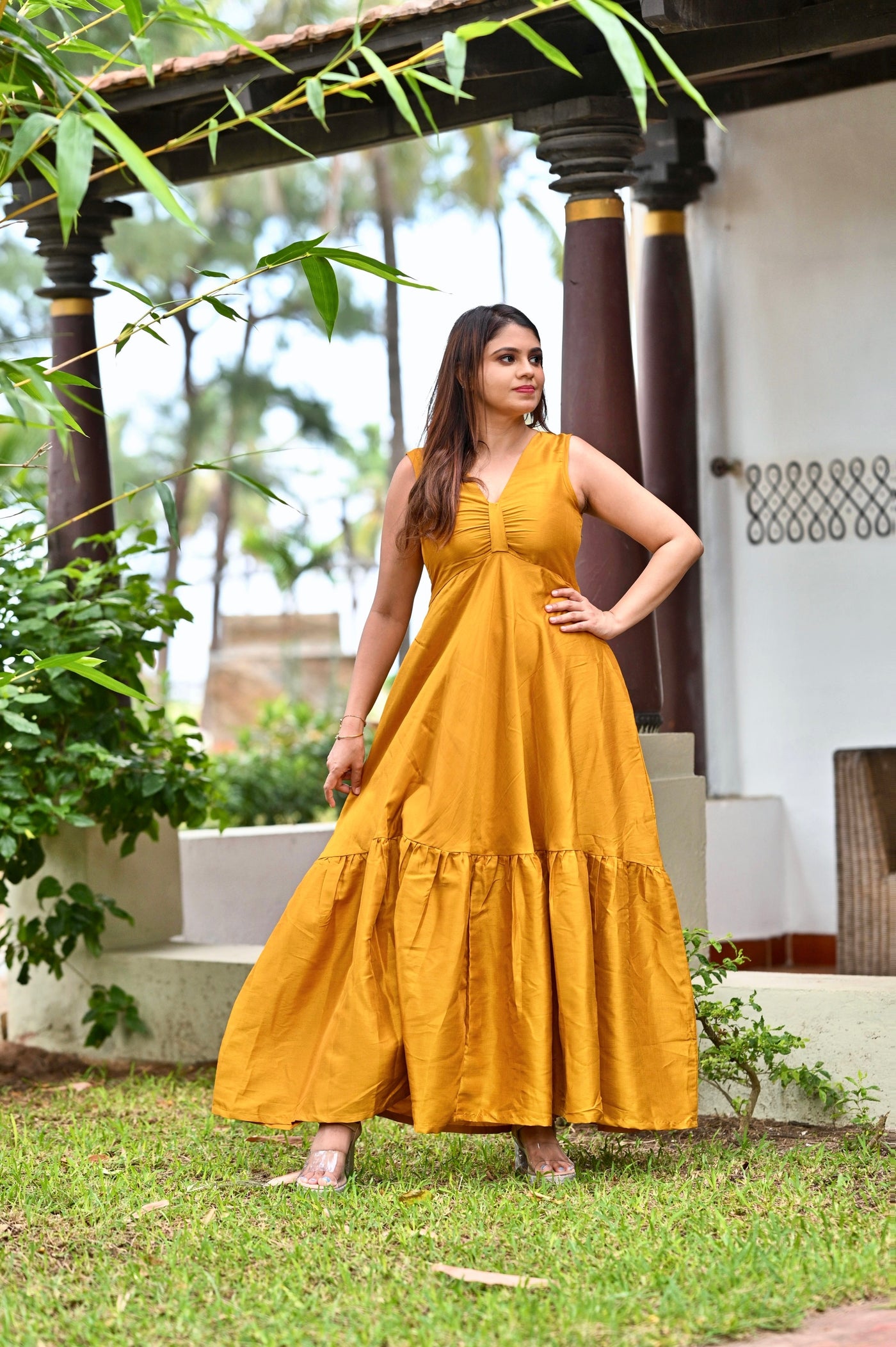 Mustard V-Neck Fit and Flare Dress Radheys Mustard V-Neck Fit and Flare Dress Radheys