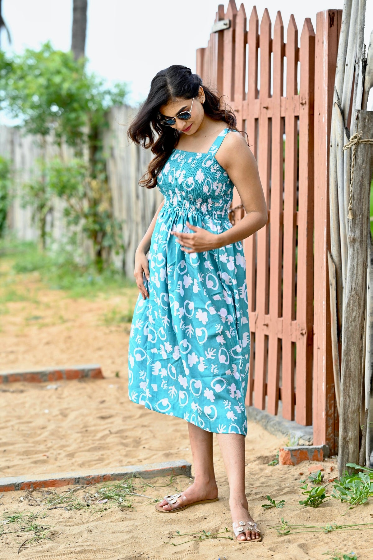 Turquoise Blue Smoked Fit and Flare Dress