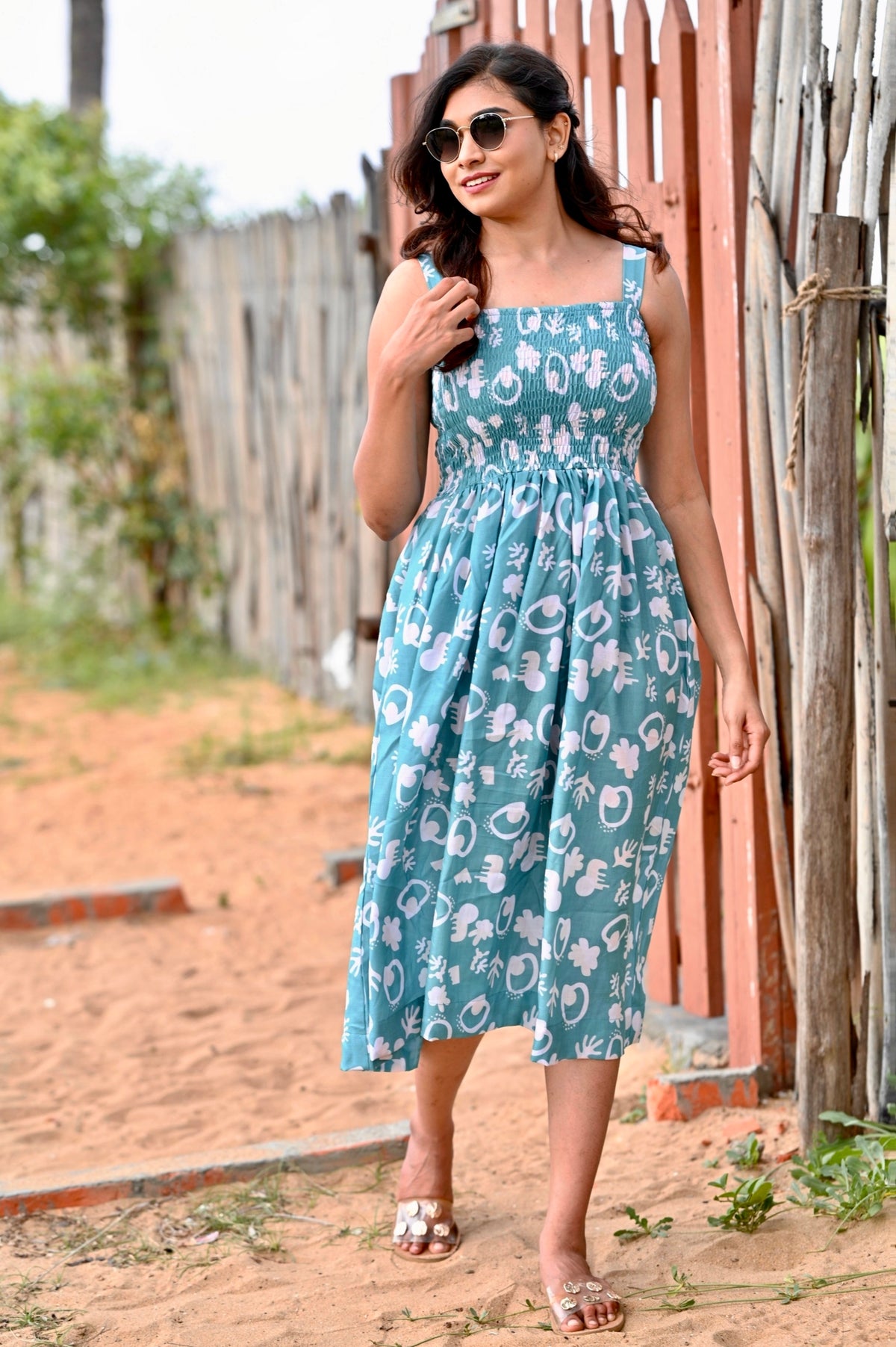 Turquoise Blue Smoked Fit and Flare Dress