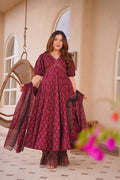 ELAF MAROON COTTON ANARKALI SUIT SET