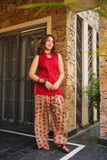 ROSHEEN RED COTTON FARSHI SALWAR SET