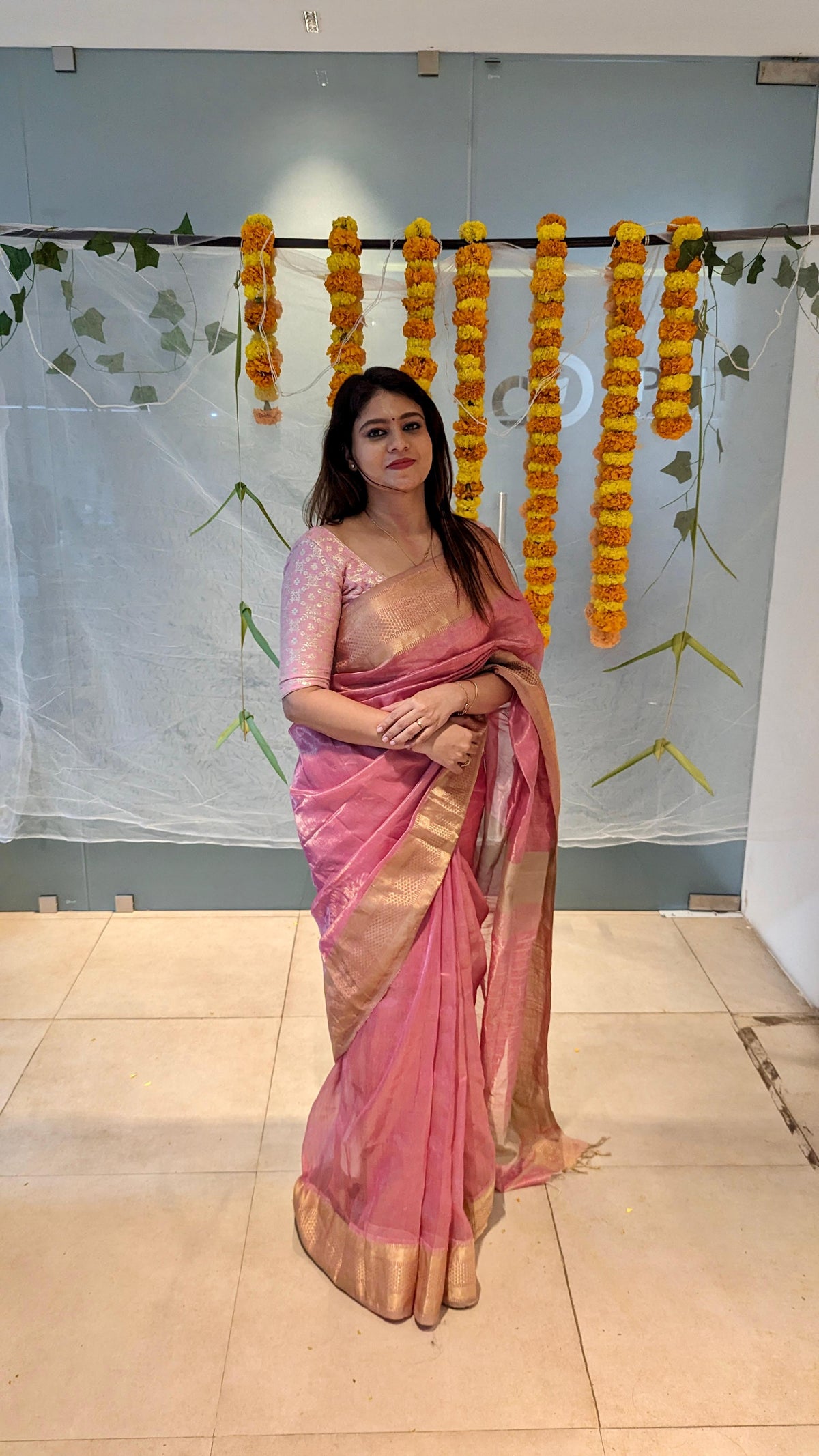 Tara Pink Tissue Silk Cotton Woven Maheshwari Saree