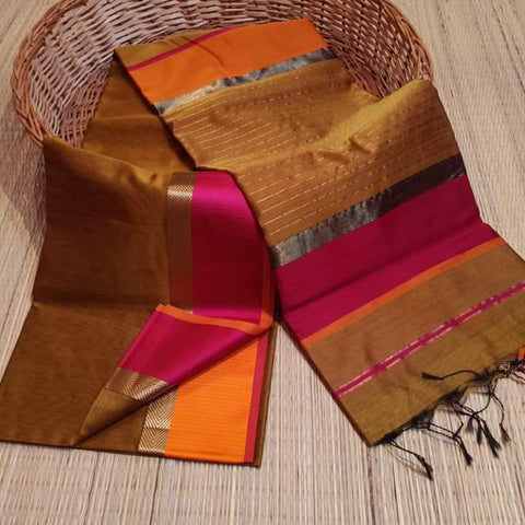 Aisha Brown Silk Cotton With Contrast Border Saree