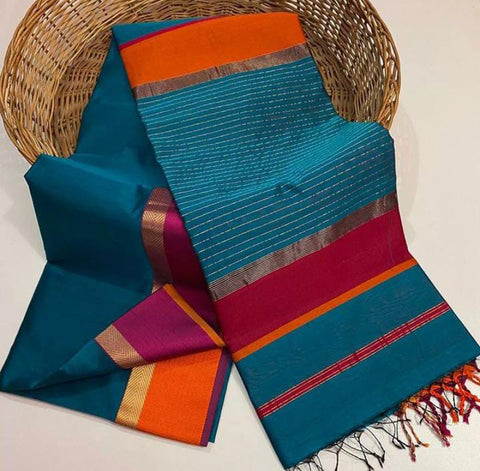 Aisha Teal Silk Cotton With Contrast Border Saree
