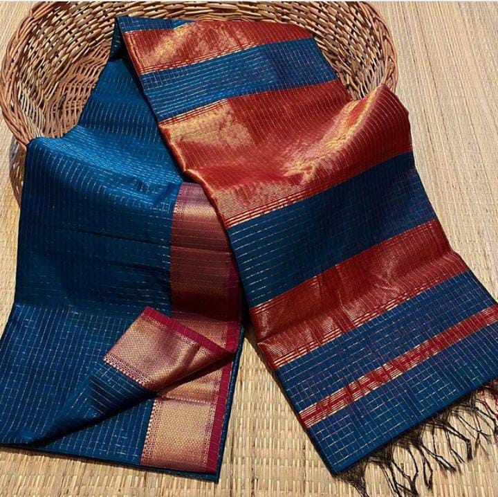 Riya Blue Checked Classic Maheshwari Silk Drape