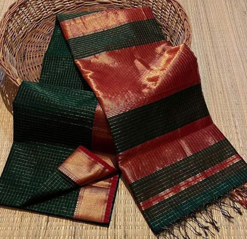 Riya Dark Green Checked Classic Maheshwari Silk Drape