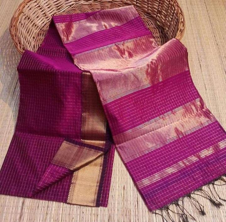 Riya Pink Checked Classic Maheshwari Silk Drape
