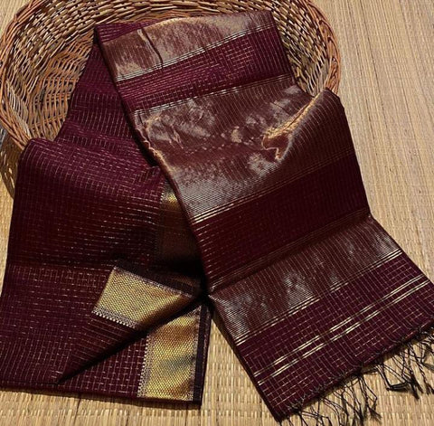 Riya Maroon Checked Classic Maheshwari Silk Drape