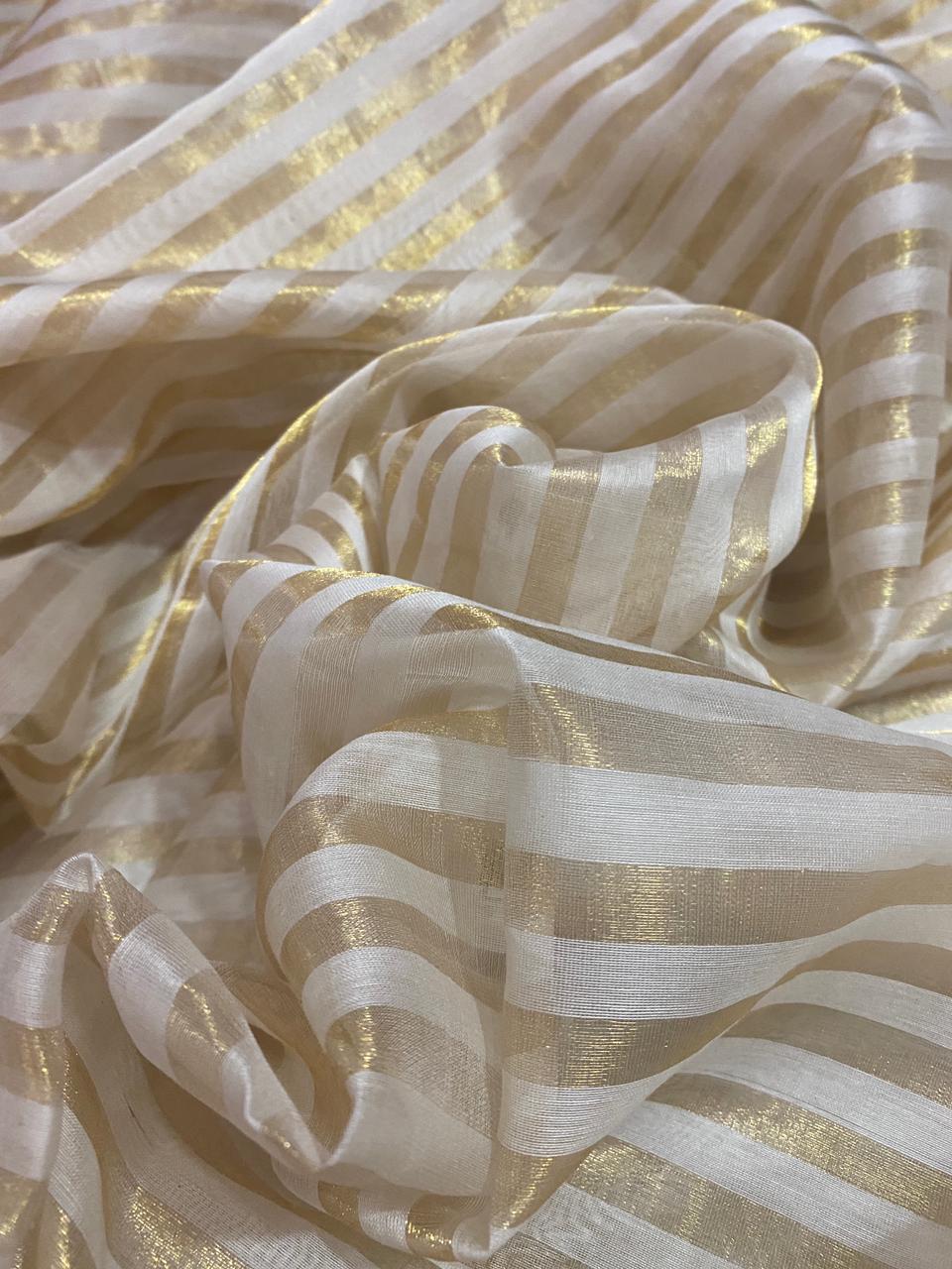 Sanya Cream and Gold Silk Stripe Saree