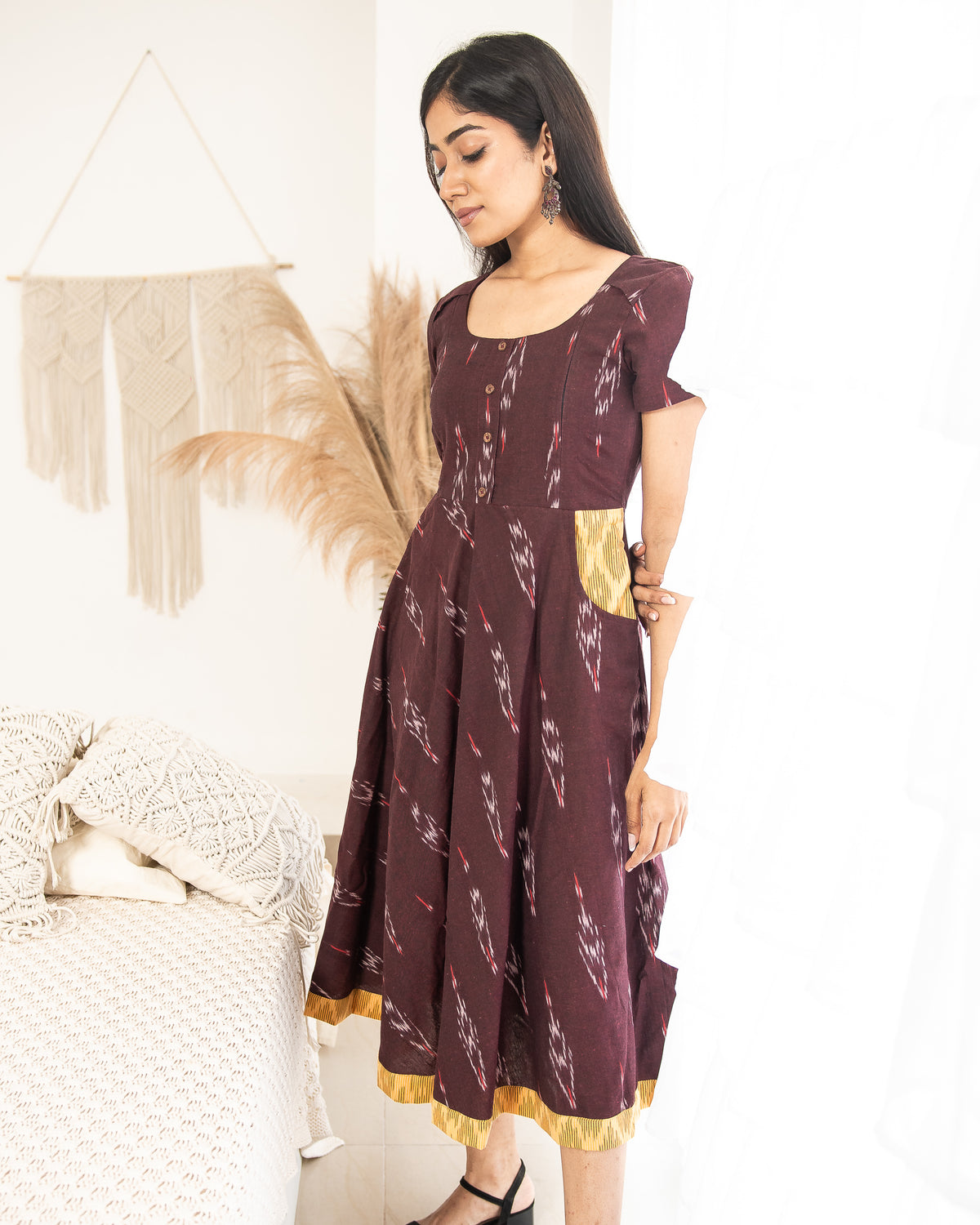 Bhairavi – Brown & Yellow Ikat Dress