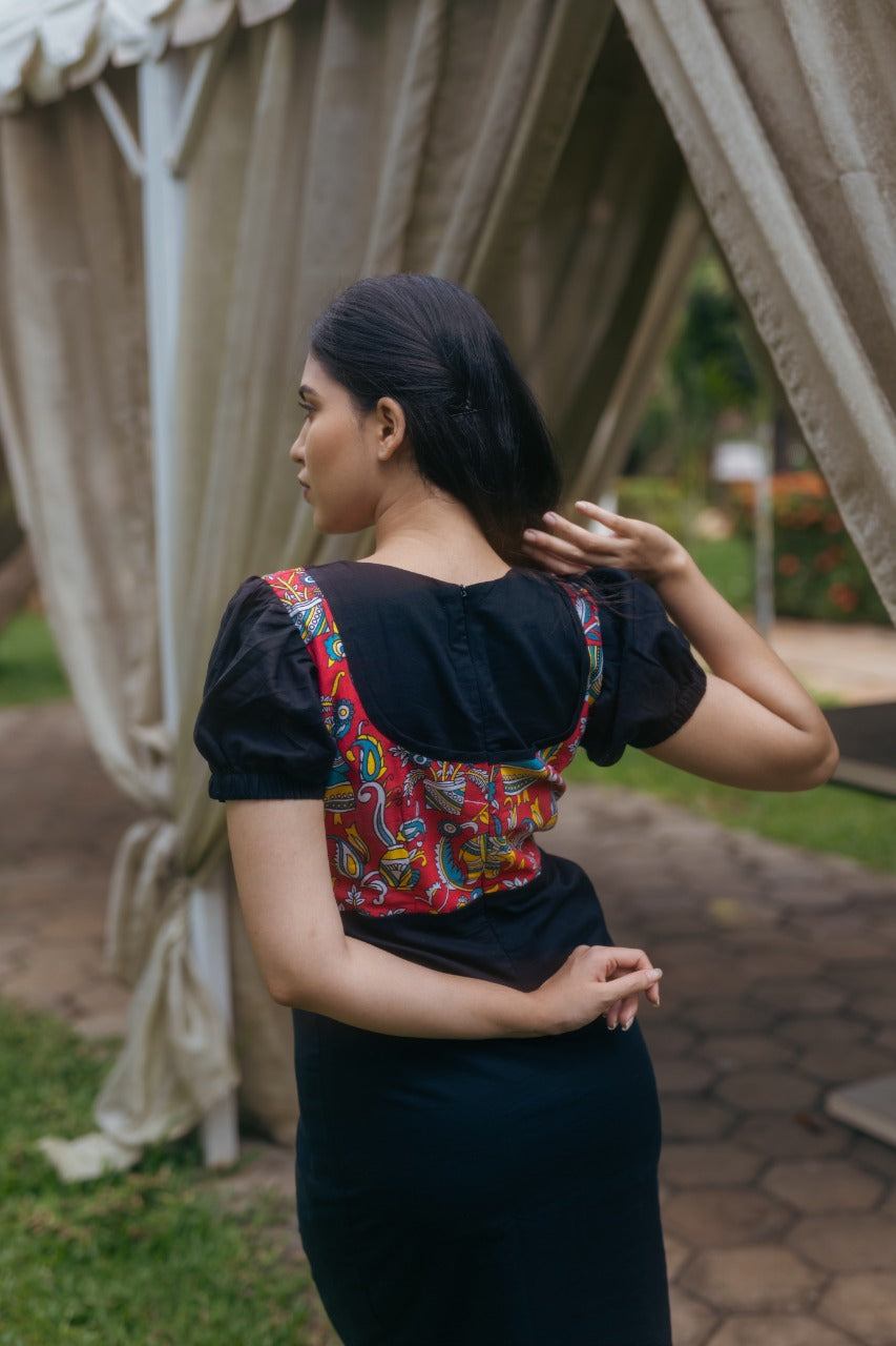 Holy Black Midi Dress with  kalamkari yoke  | Radhey's Couture