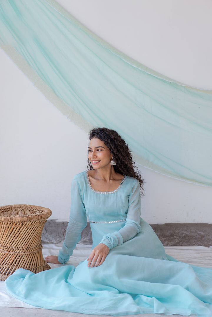 Embroidered Pure Cotton Dress in Sky Blue : TXR561