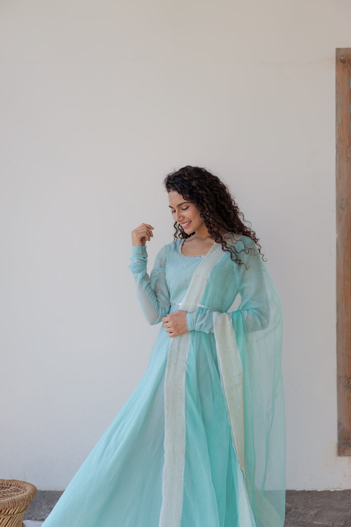 Designer Ball (Princess) Gown - Light Sea Green with Net, Beads, Sequi –  Maharani Collections