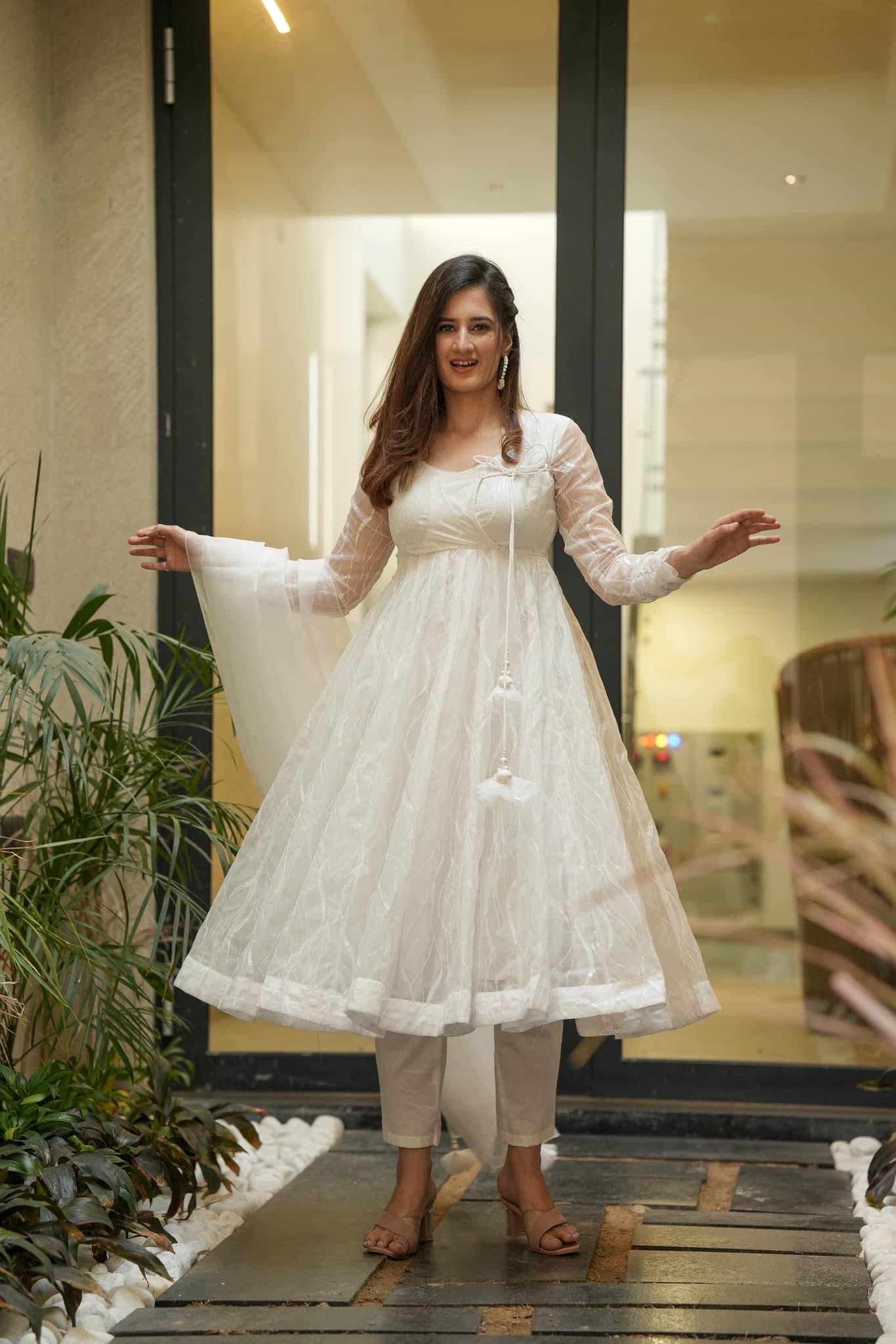 Ivory White Long Anarkali Pishwas Nikah Engagement