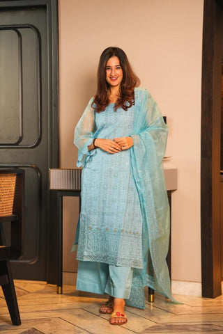 BLUE ORGANZA EMBROIDERED SUIT SET