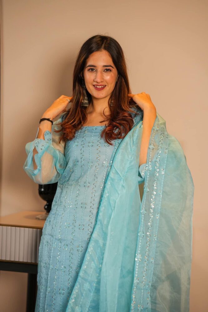 BLUE ORGANZA EMBROIDERED SUIT SET