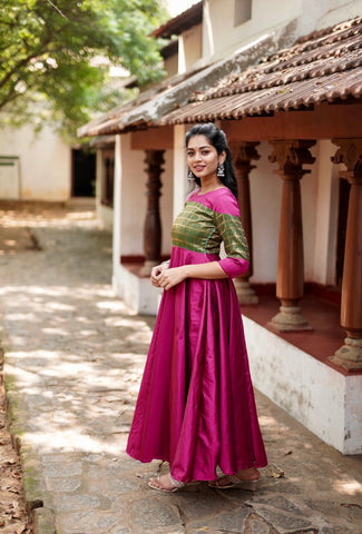  Aavirai Pink - Patola Printed Silk Taffeta | Pink Taffeta silk patola print | Buy Pink Taffeta silk patola print dress online
