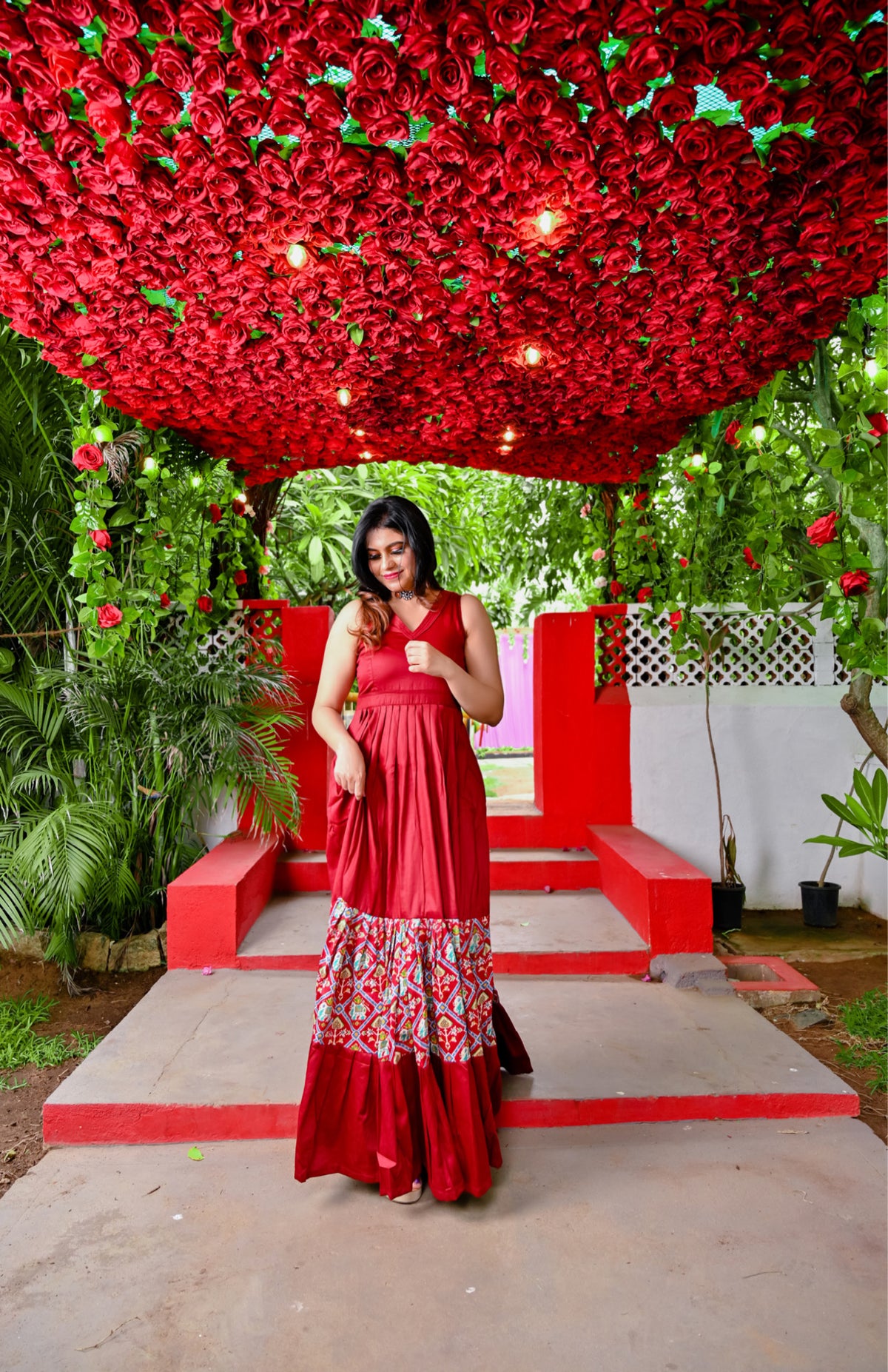 Red Patola design layered long Dress