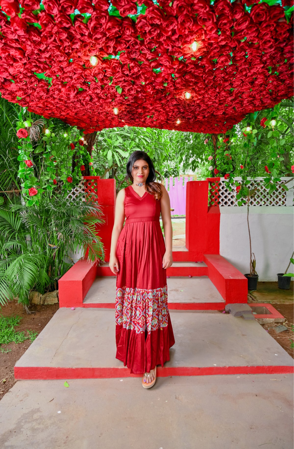 Red Patola design layered long Dress